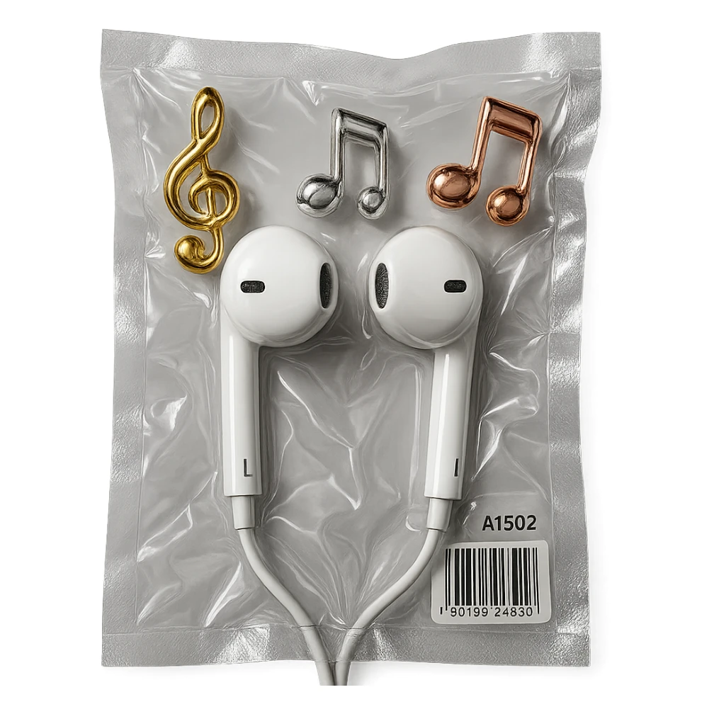 pair of white EarPods with three floating glass music notes in gold, silver, and rose gold, shiny and puffy sticker