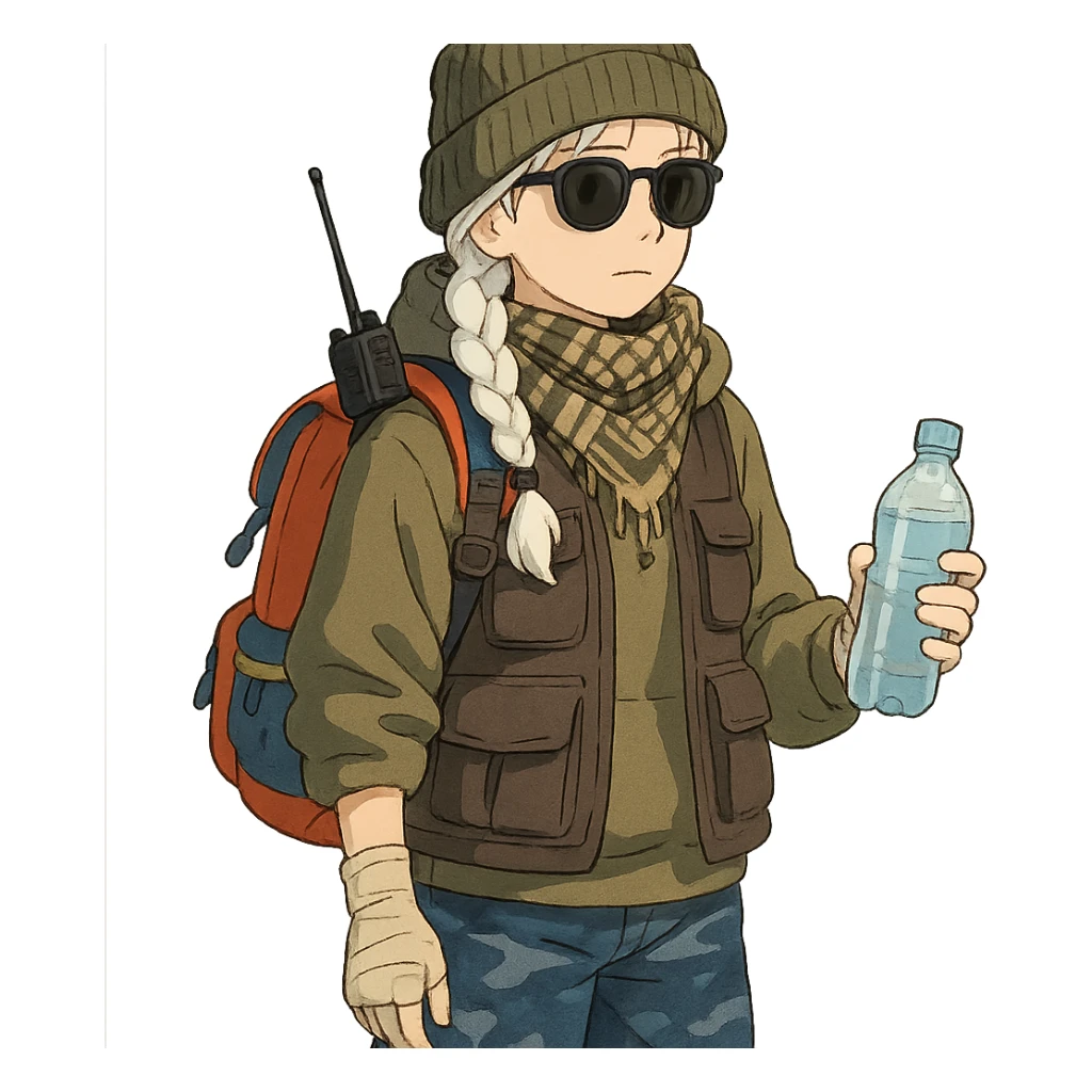 1 female, long white braid, knit cap, dark sunglasses, shemegh neckwrap, fishing vest, vibrant shool backpack, drab hoodie, handwraps, blue camo pants, handheld radio clipped to shoulder, unkempt, holding a bottle of water sticker
