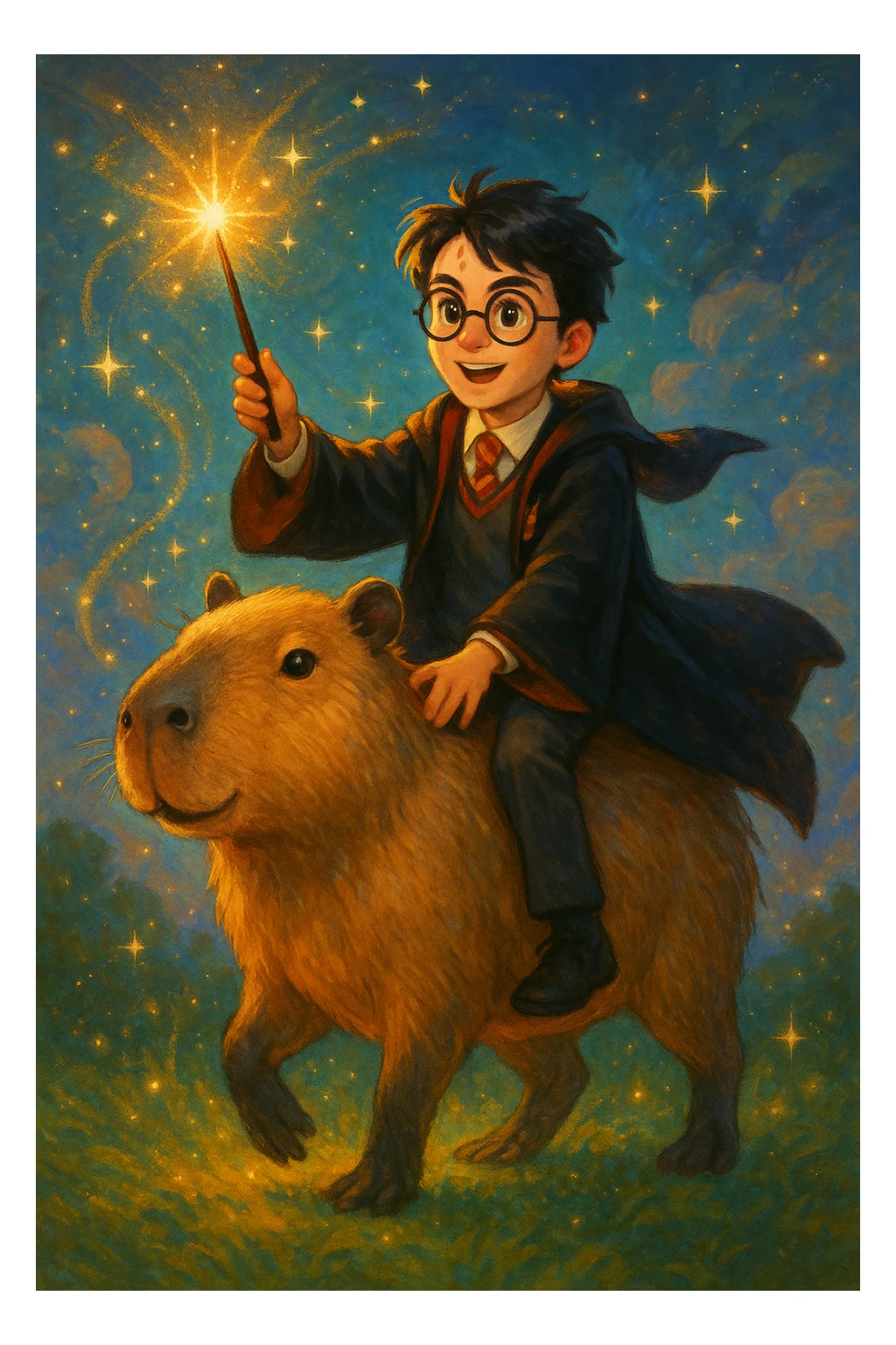 Harry Potter riding a capybara, whimsical, magical, clear character details sticker