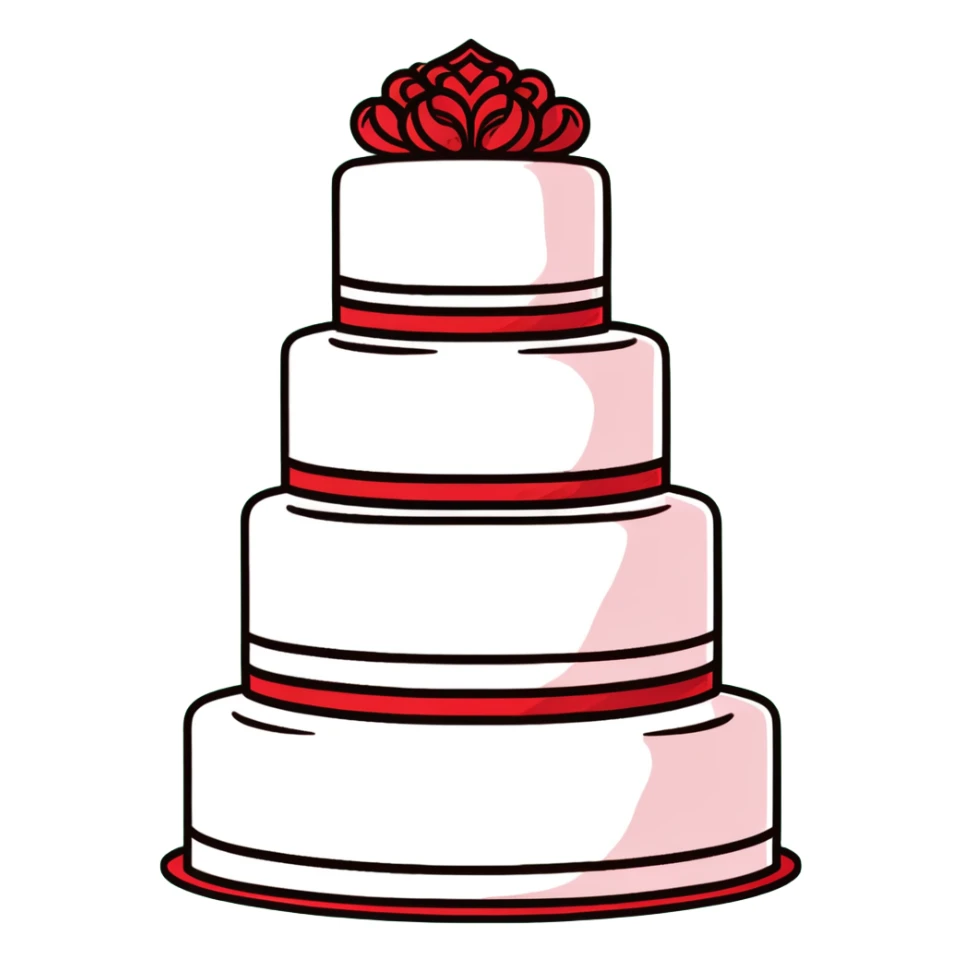 Beautiful red velvet wedding cake with multiple tiers and white icing details sticker