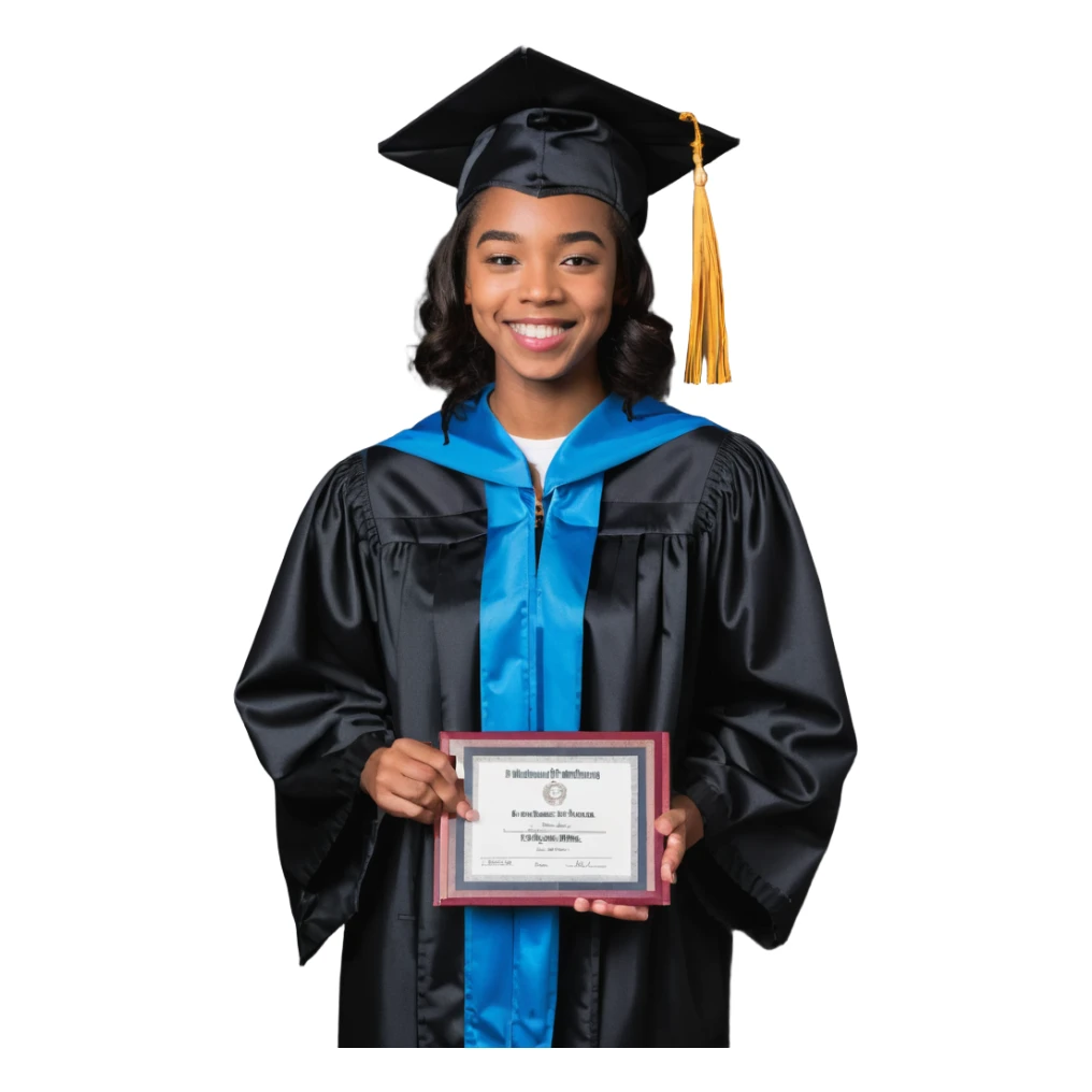 successful graduate student, cap and gown, holding diploma, smiling sticker