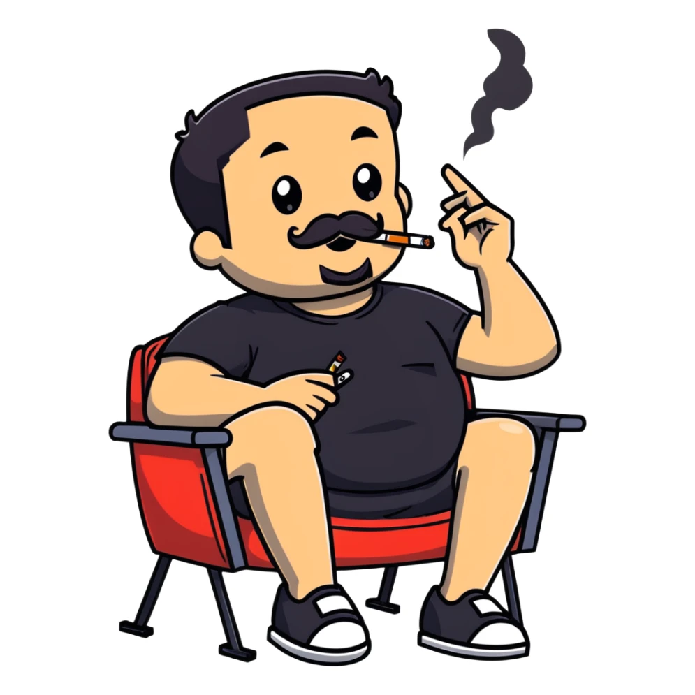Heavy-set man leaning back in chair with legs spread, smoking cigarette, exposed belly, round face, short black hair, well-groomed beard with mustache, black t-shirt with light stripes on top portion, sleeves rolled up, black shorts, arms decorated with black graphic tattoo patterns on forearms and shoulders sticker