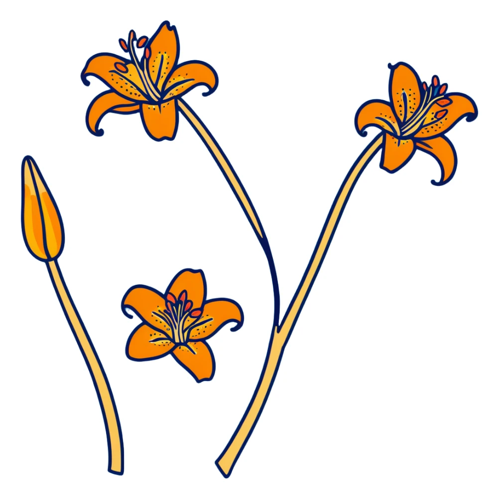 Artistic Japanese tiger lily (oniyuri) flower with stylized composition reminiscent of kimono patterns, orange recurved petals with black spots, gold accents, on indigo background sticker