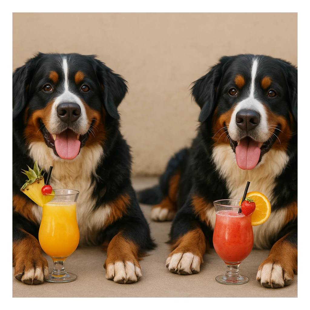 two Bernese mountain dogs relaxing with fruity beverages, wide scene, 1950x640 sticker