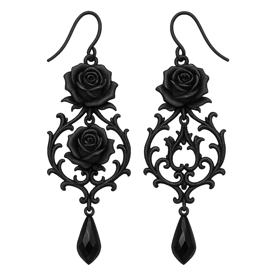 goth earrings, rose motif, black metal, dark romantic gothic sticker