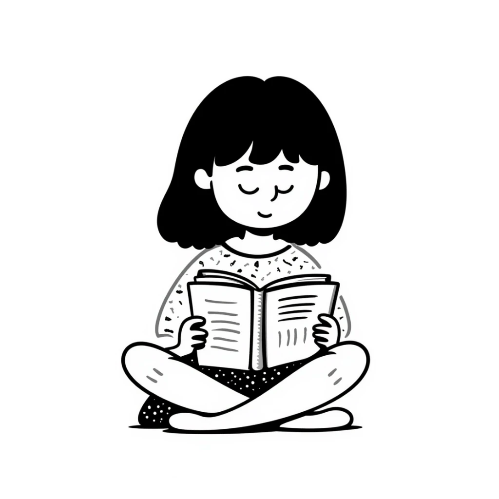 Cute girl sitting cross-legged reading from an open notebook with concentration sticker