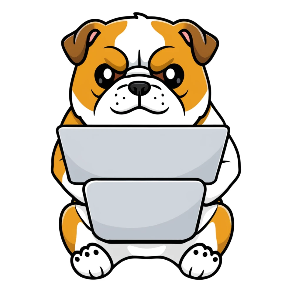 English bulldog sitting with a laptop sticker