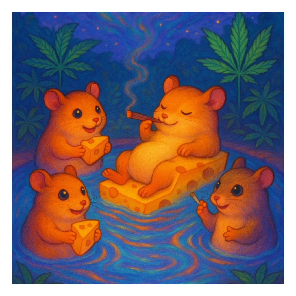 Reformat the image for a Discord server icon: crop to a centered, simple, circular composition, keep the main hamster cult pool party theme, vibrant Ghibli style, clear at small size. sticker
