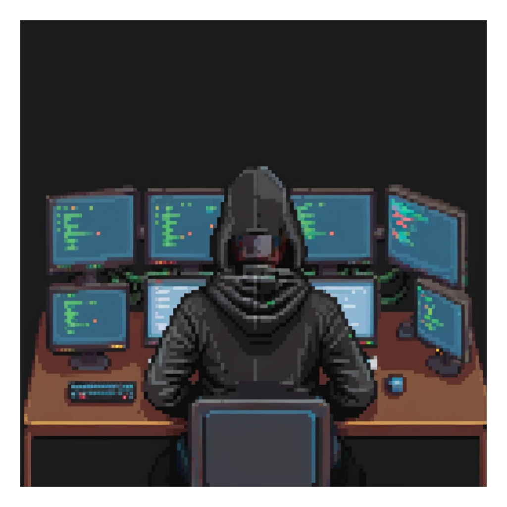 pixel art of a programmer in a dark hoodie, sitting at a desk with multiple monitors sticker