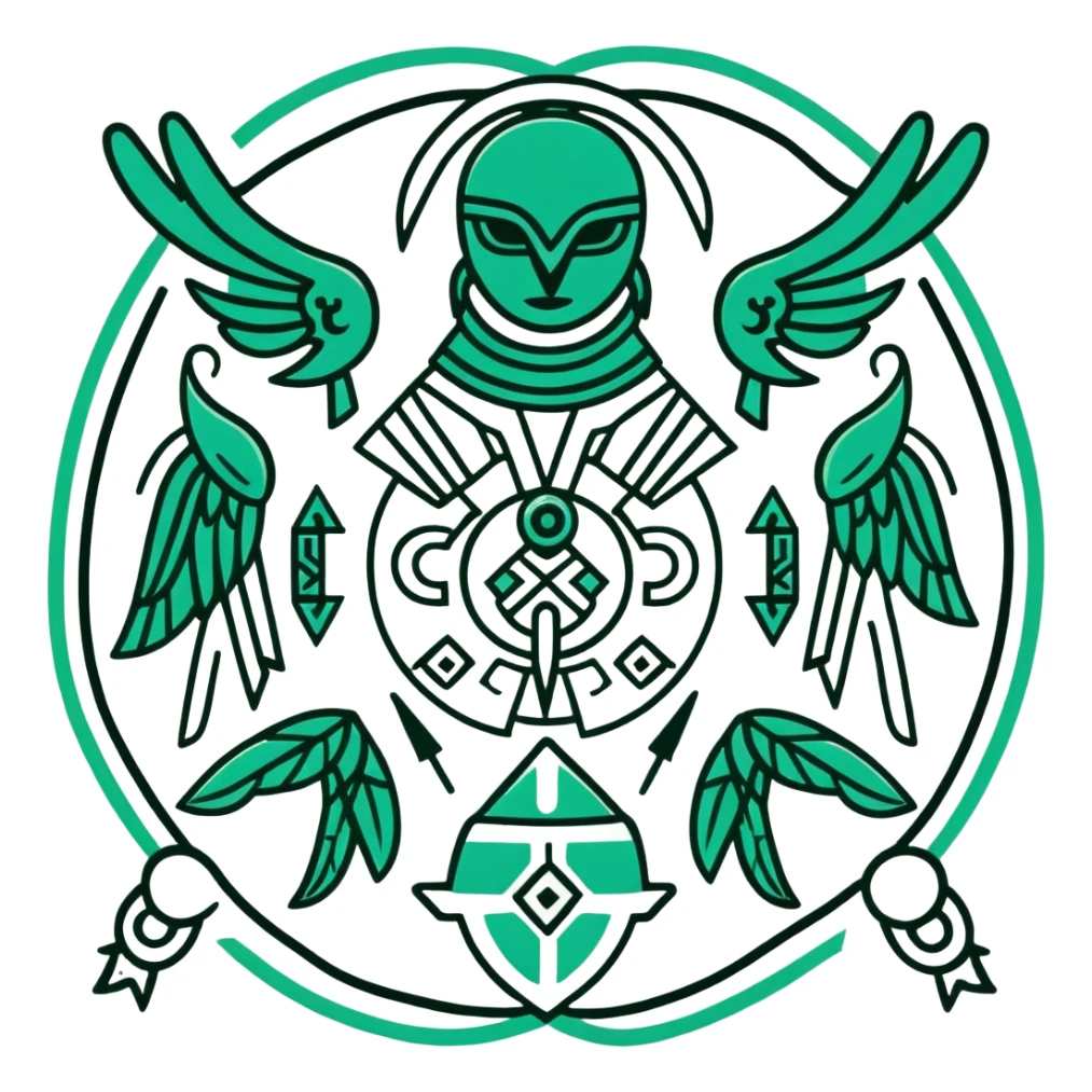 Ancient Maya symbols for message sending and receiving, stylized with authentic Maya animal messengers. Only dark green (#013220) lines on white background, geometric sticker