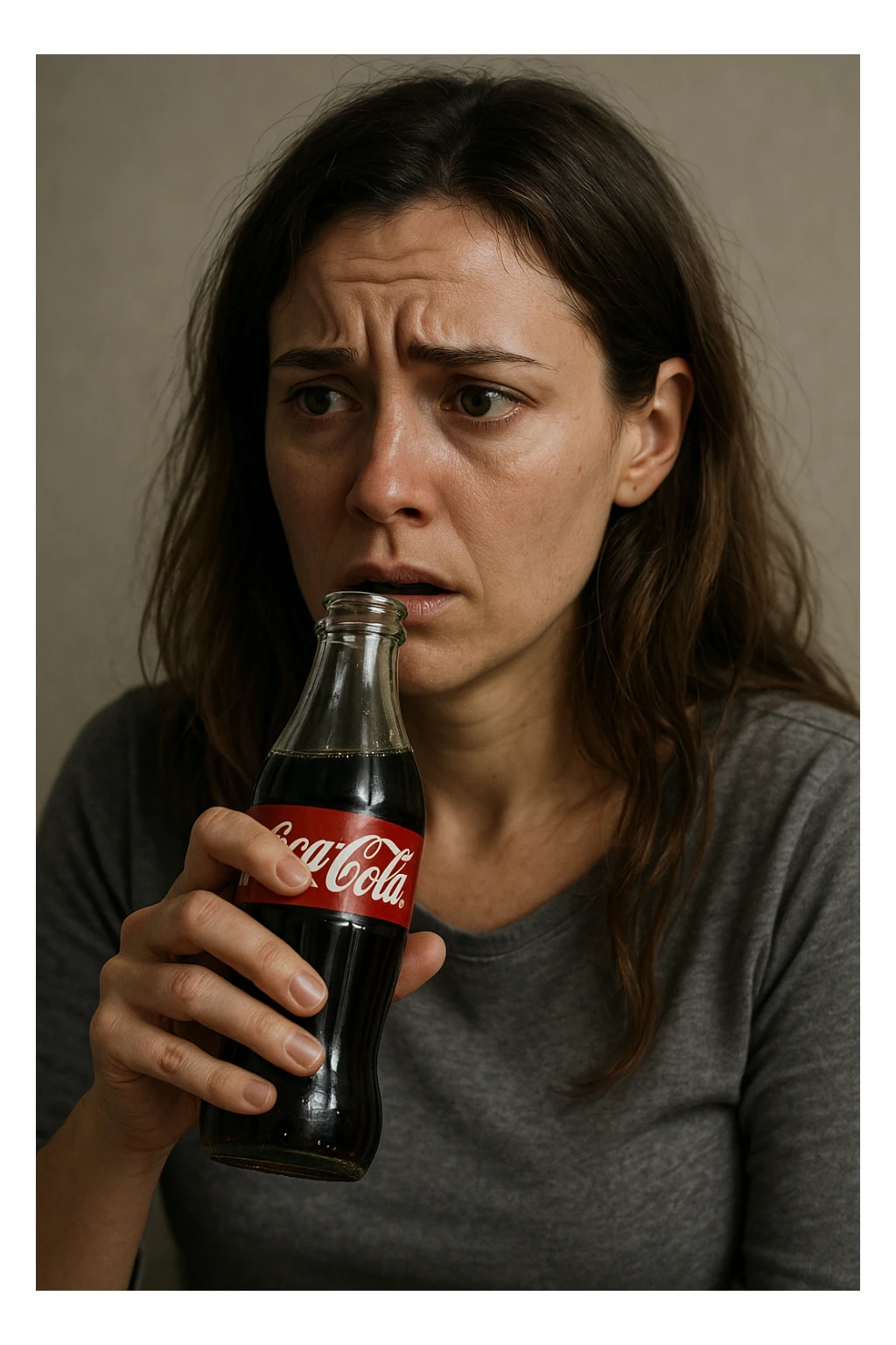 donna con ansia. Che beve coca cola. Immagini realistiche sticker