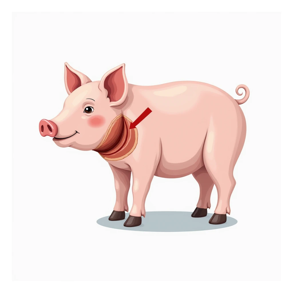 pig with a colored arrow or circle pointing to the thyroid position on the neck, no internal view, white background, illustrative style, 4K sticker