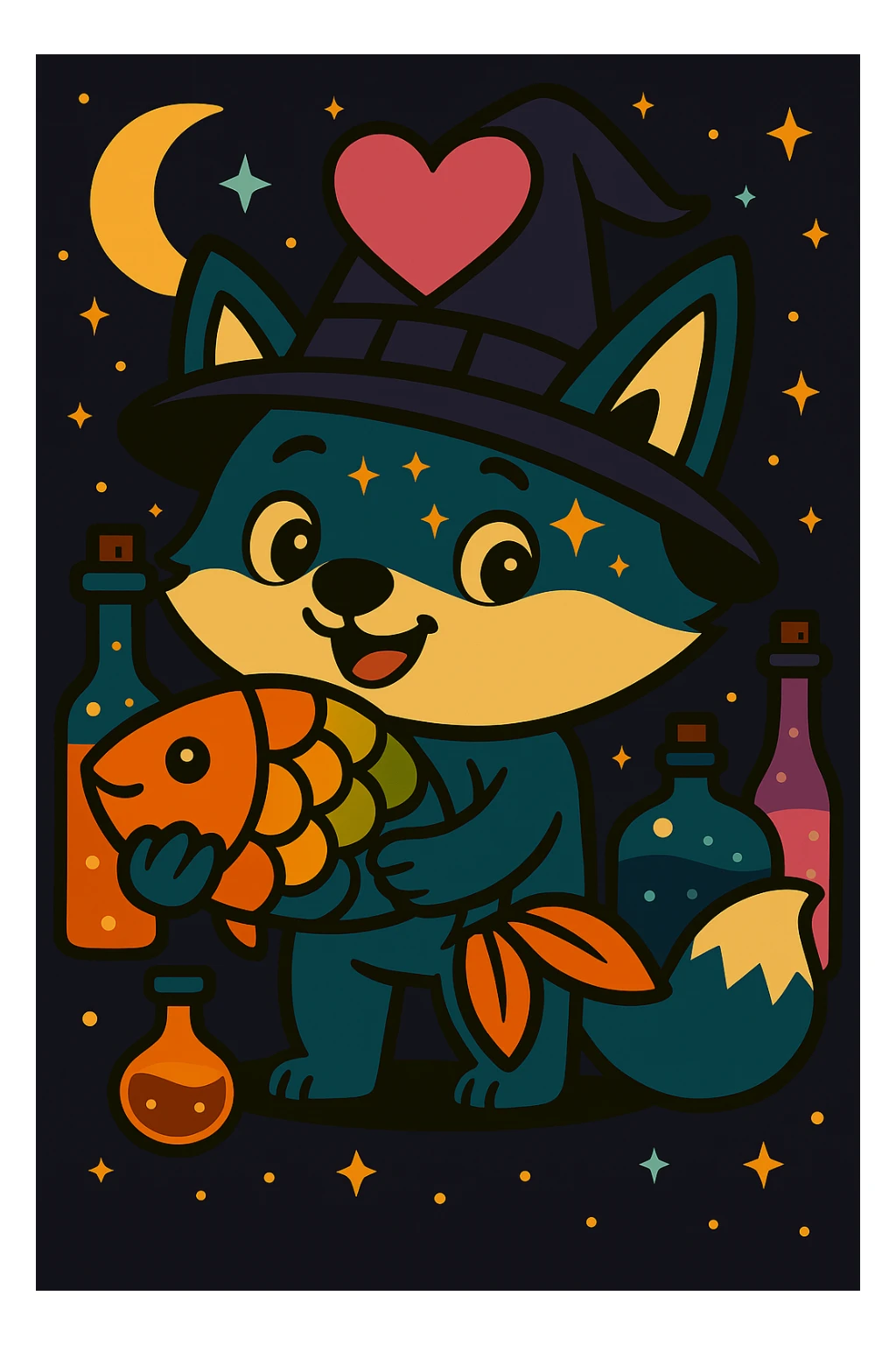 Change the witch hat on the blue fox to purple and add sparkles to the hat, keep the magical, witchy background and big pink heart, in vibrant toon style. sticker