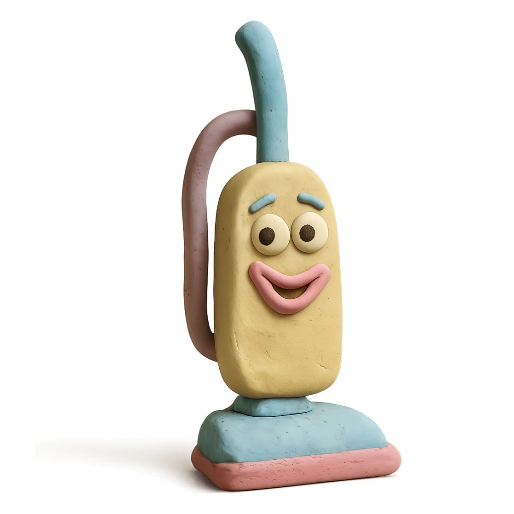 upright vacuum with playful expression in claymation style with pastel colors sticker