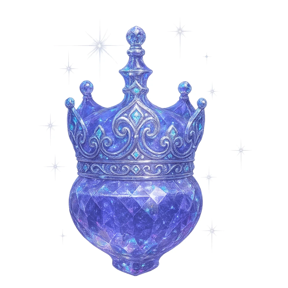 išskirtinai prabangus eliksyro buteliukas, karūnėlės forma, spalva #7986cb, daugiasluoksniai holografiniai ir sidabriniai ornamentai, kristalo tekstūra, daug magiškų švytėjimų ir žėrėjimo, šviesos spinduliai, labai mažas kaklelis, dailiai sujungta, vientisa, užapvalinta apačia (ne plokščia kaip stiklinės), skaidrus fonas, buteliukas aiškiai plūduriuoja ore, be pagrindo ar šešėlio, nestovi, modernus, kolekcijai tinkamas, ypatingai gražus sticker