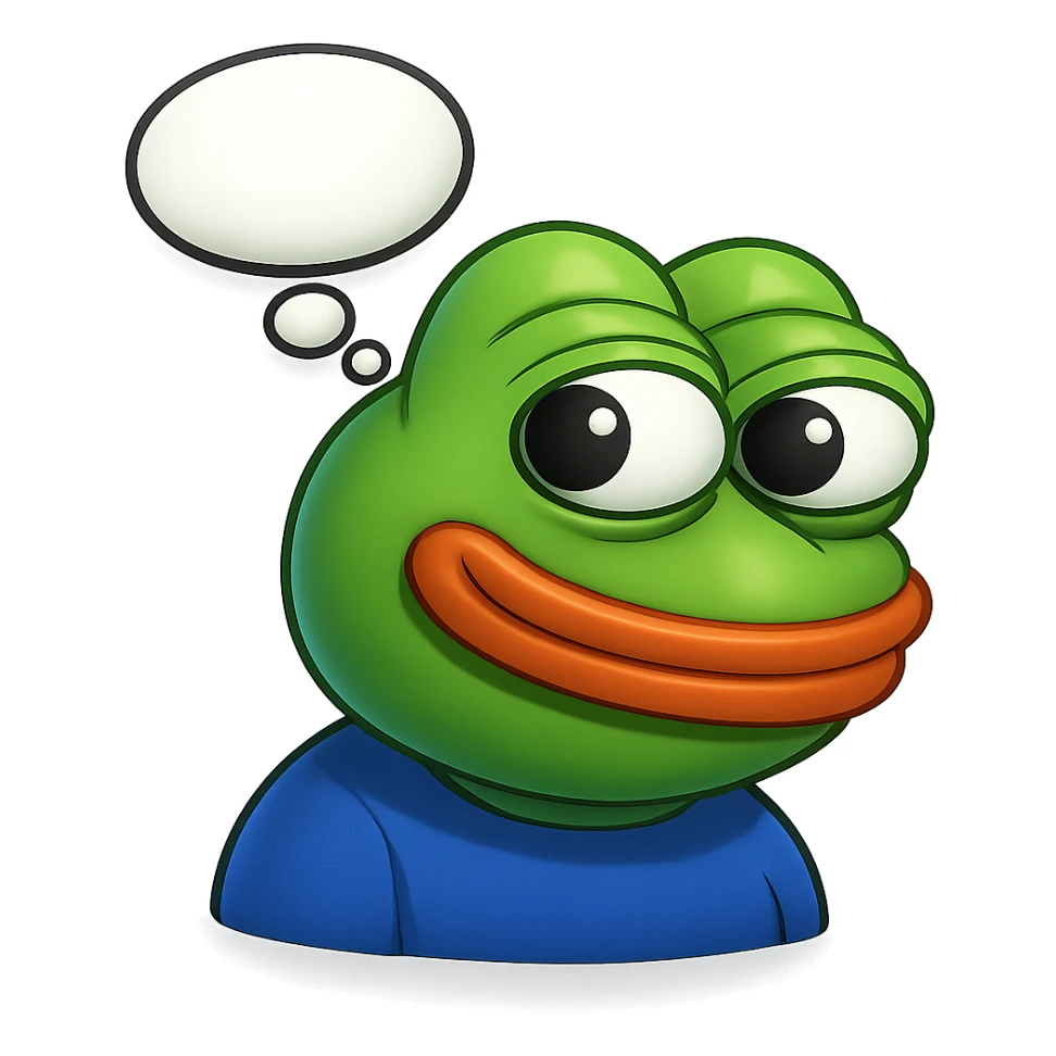 make a pepe in bright green smiling with thought bubble looking at right left in 3d style, good highlights and shadows, drop shadows sticker
