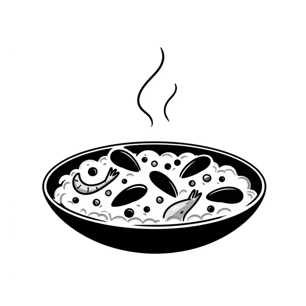 hand-drawn doodle style paella, simple lines, pan with rice and seafood sticker