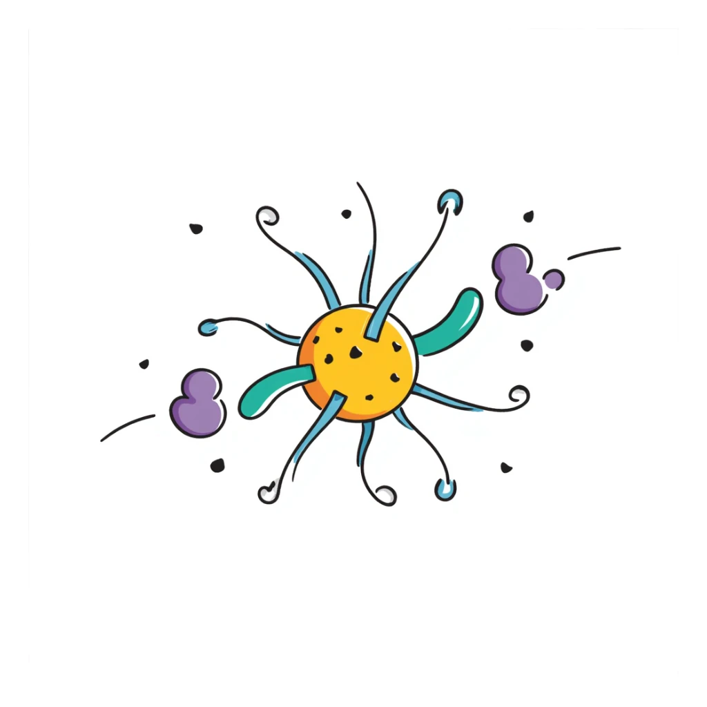 Neuroprotective mechanism illustration: central yellow neuron with orange cell body, blue dendrites, and long green axon, surrounded by supportive glial cells in purple and protective molecules shown as small colored shields. Hand-drawn anatomical diagram with detailed cellular components. sticker