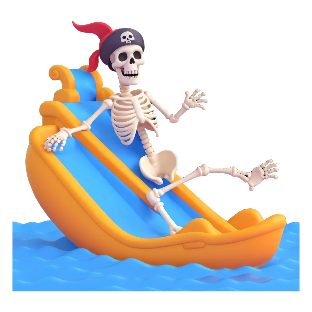 Make the pirate a skeleton pirate, keep the 3D emoji style, joyful expression, on a water slide. sticker