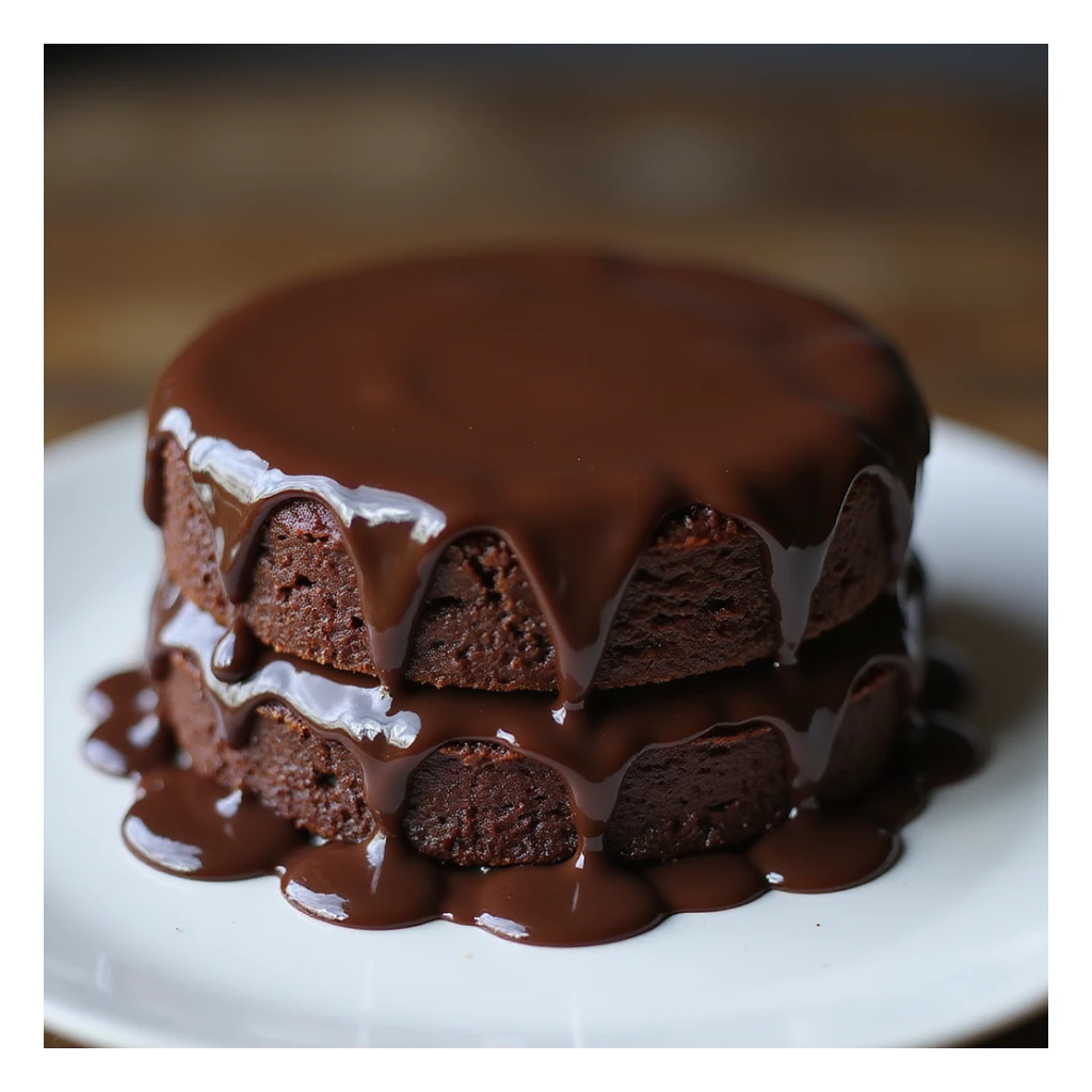 a realistic double fudge chocolate cake, with dripping chocolate ganache, photorealistic style, no background sticker