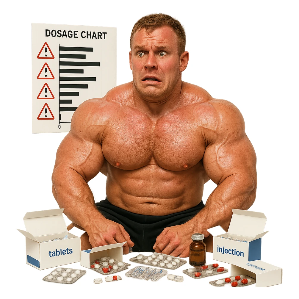 realistic beginner bodybuilder with swollen muscles and red skin, surrounded by open boxes of drugs, fearful expression, dosage chart with danger signs, white background, 4K quality sticker