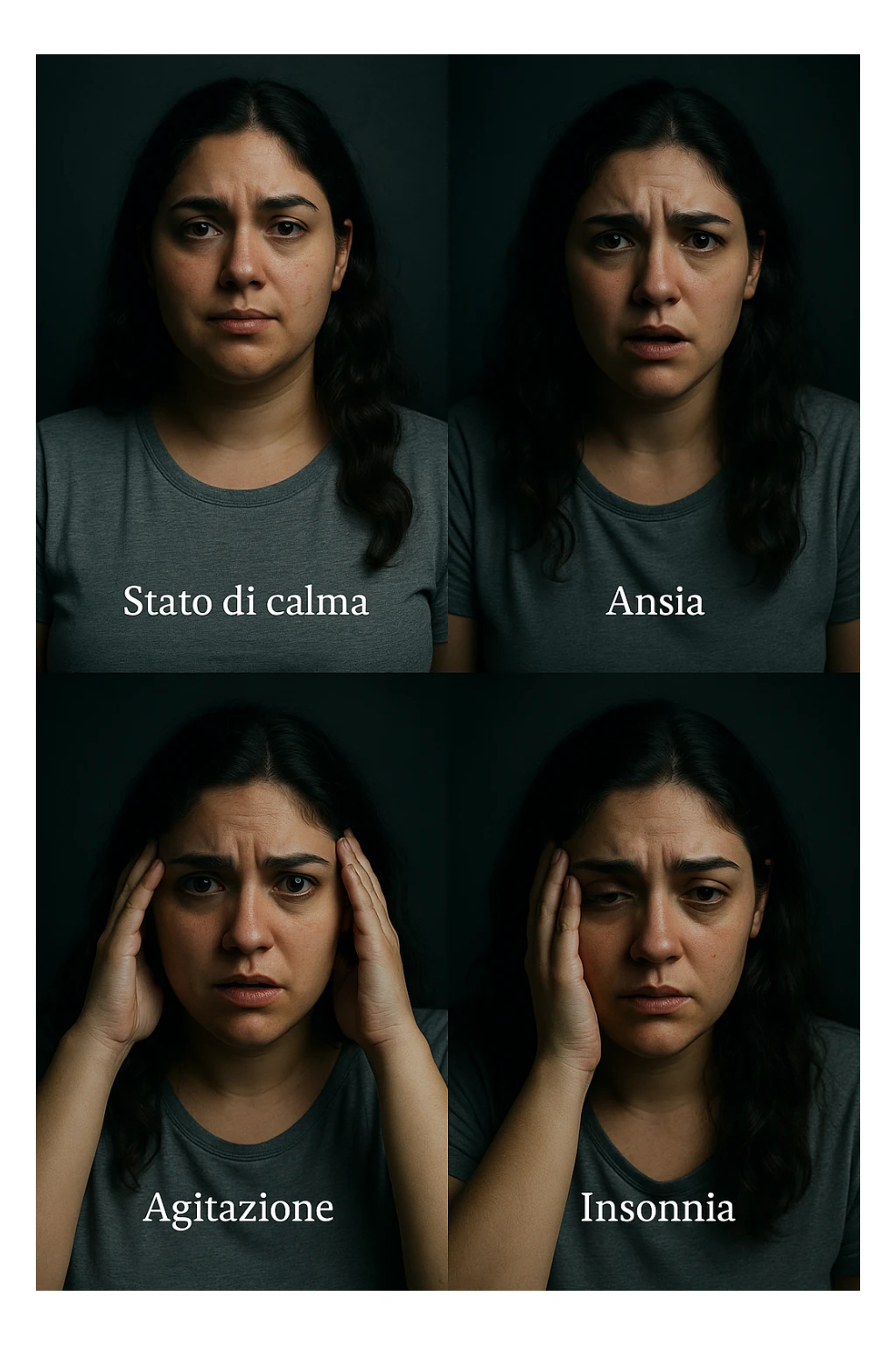 vertical realistic cinematic image in Italian: multi-phase sequence showing a woman with PCOS from a calm state to increasing anxiety, agitation, and insomnia. Dramatic clinical lighting, Italian captions, aspect ratio 2:3. sticker