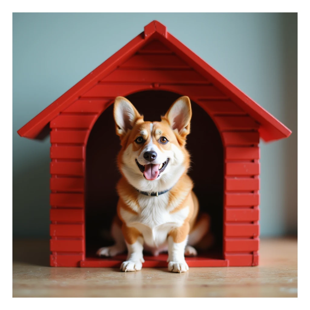 realistic red dog house with a Corgi dog inside, Corgi looking out the window, photorealistic style sticker