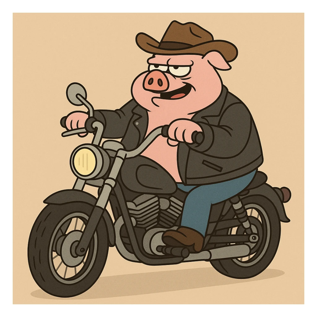 boss hog piggy, riding a motorcycle, leather jacket, cartoon style sticker