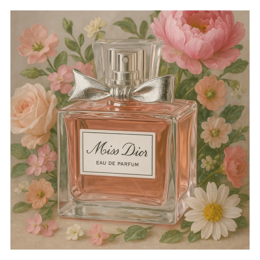 Miss Dior perfume bottle, with floral accents, chic, realistic style sticker