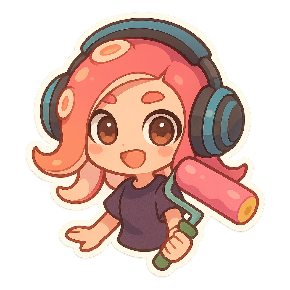 cute chibi octoling with headphones and a paint roller, Splatoon-inspired, adorable, colorful, playful sticker