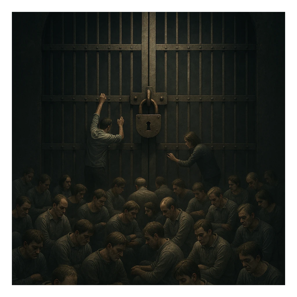 A crowd in front of a huge locked iron gate symbolizing limitation or illness. Most people are sitting, bored or indifferent, while two try to open or understand the gate. Dramatic lighting on the two, others in muted tones. Conceptual, symbolic, cinematic, hyperrealistic 4K. sticker