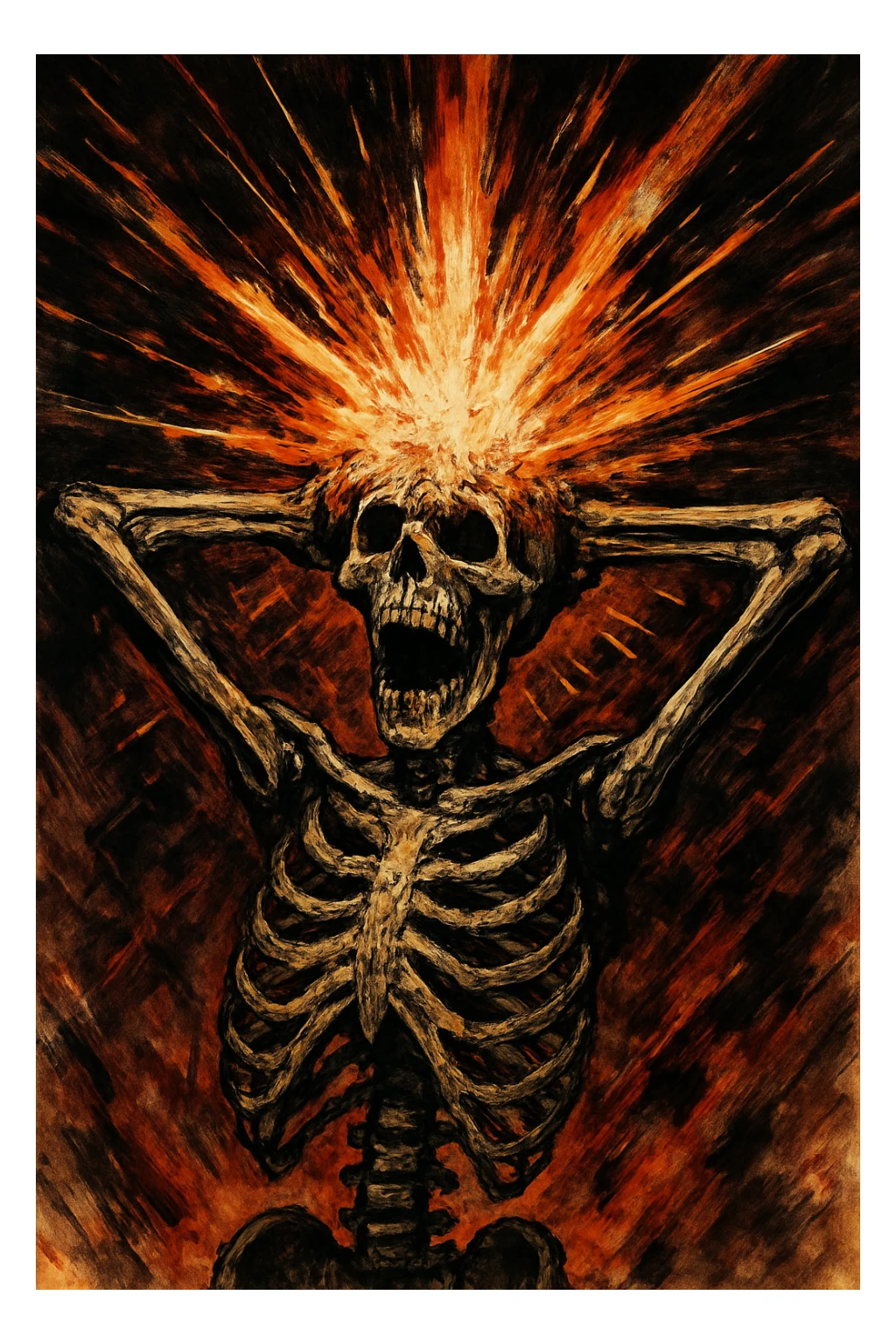 skeleton with hands behind head, head bursting in an energetic explosion, expressive and dramatic sticker
