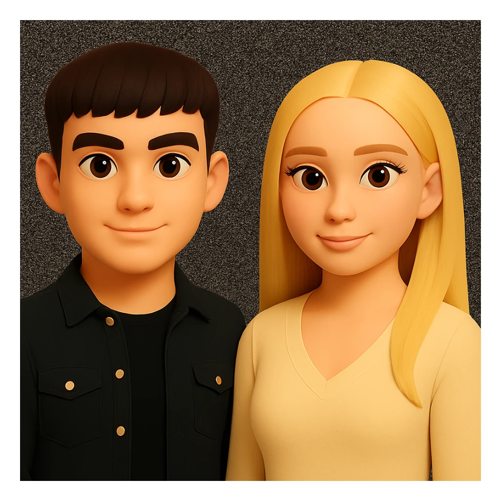 Make the people in the image stand slightly farther apart from each other while preserving the original style and background. sticker