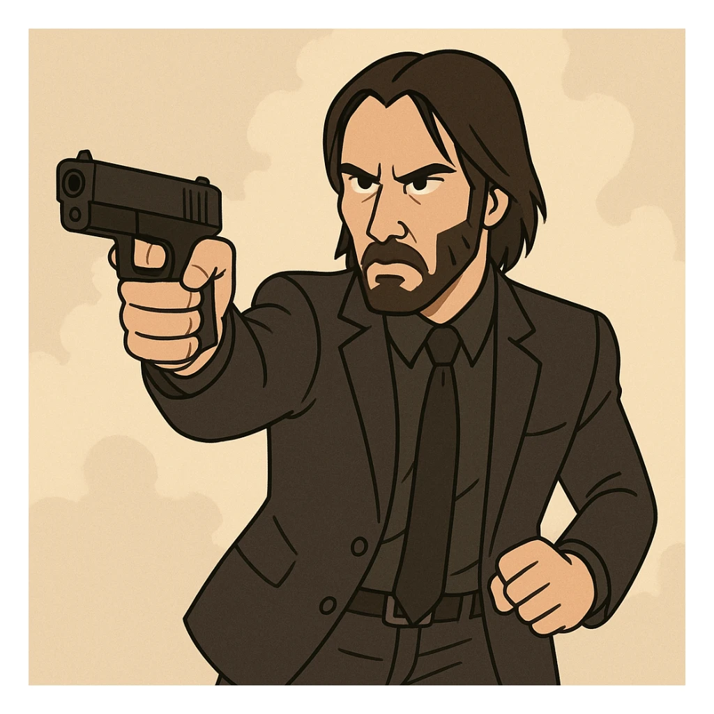 John Wick, action hero, dark suit, intense expression, cartoon style sticker