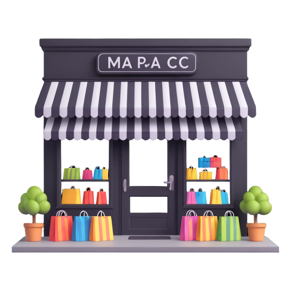 friendly storefront with striped awning and shopping bags at the entrance, pastel colors sticker