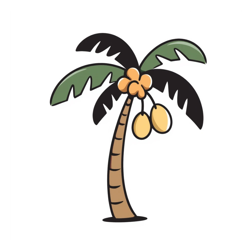 a palm tree with a curved trunk, large fronds, and coconuts, in pastel colors dd9fb0, ffc6d3, a3bfc9, c4bee2, f1b091, detailed hand-drawn doodle style sticker