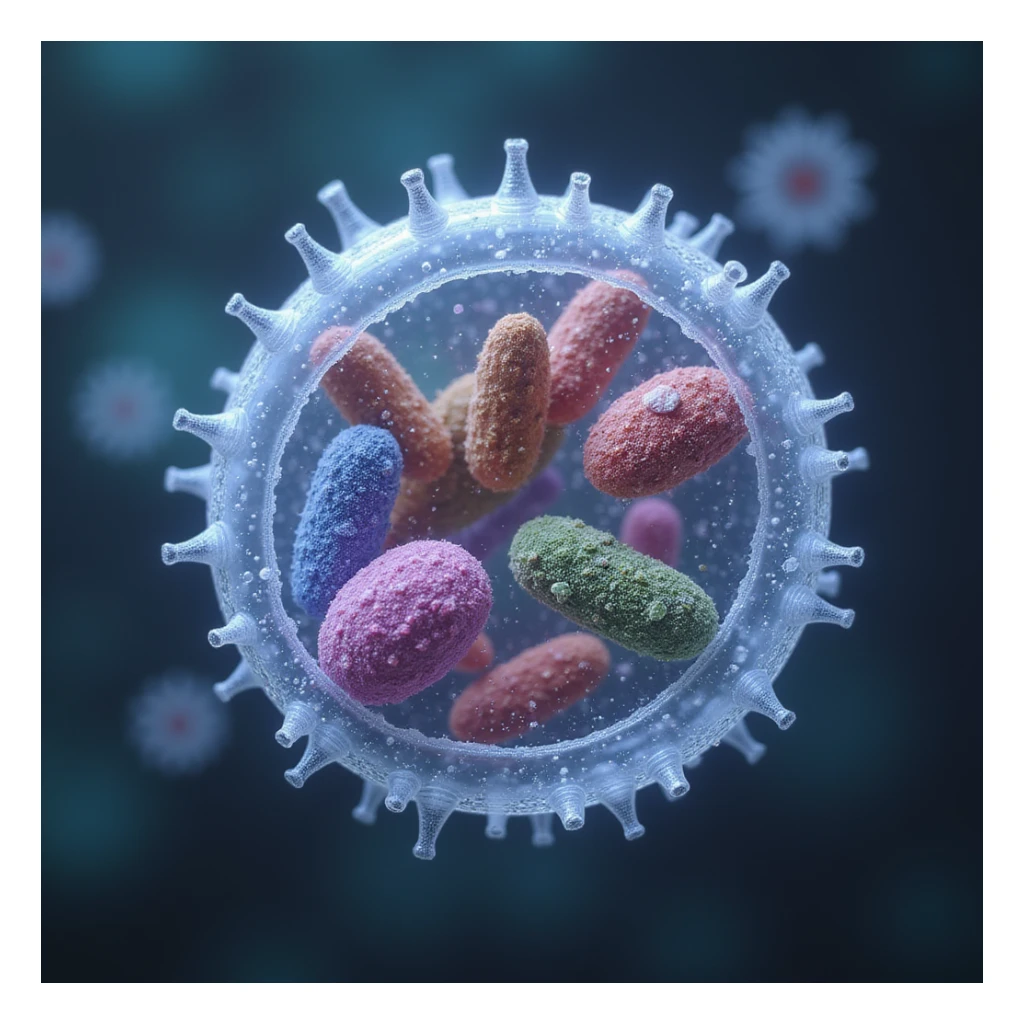 bacteria with cell organs, photorealistic, transparent cell wall to show organelles, scientific illustration sticker