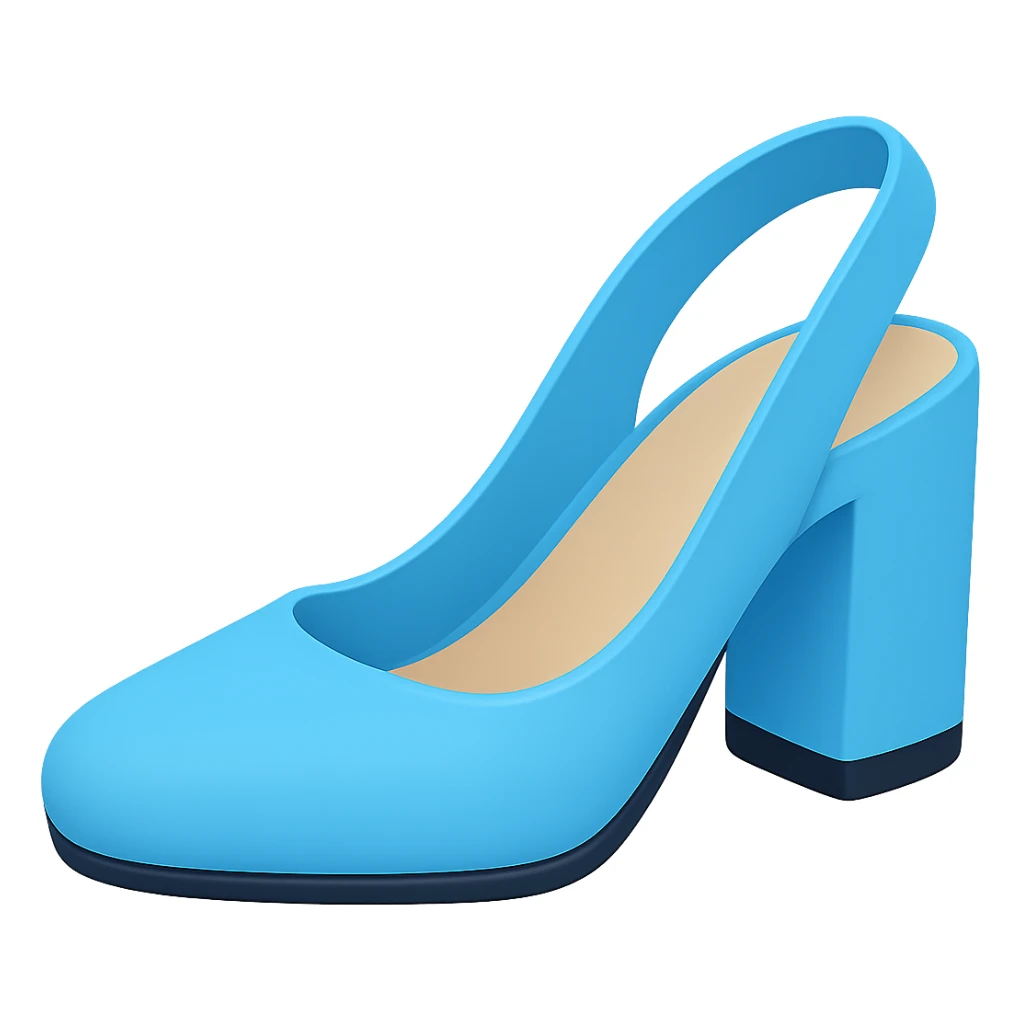 Slingback pumps with very thick heel in a lighter blue color, styled as an Apple emoji, with transparent background. sticker