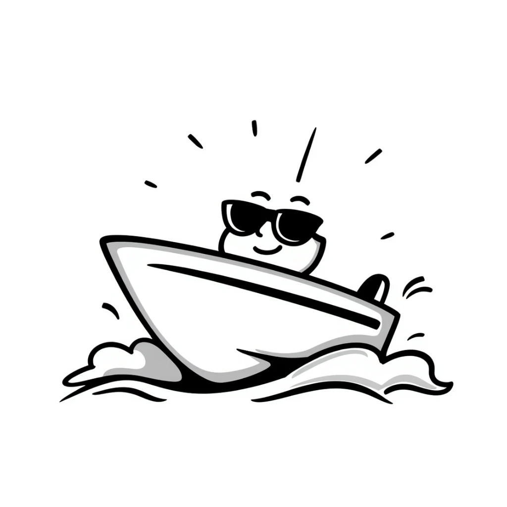 A hand-drawn speedboat with sunglasses and a cool grinning face sticker
