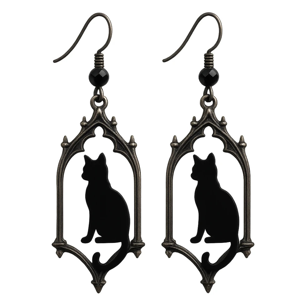 goth earrings, black cat silhouette, mysterious gothic style sticker