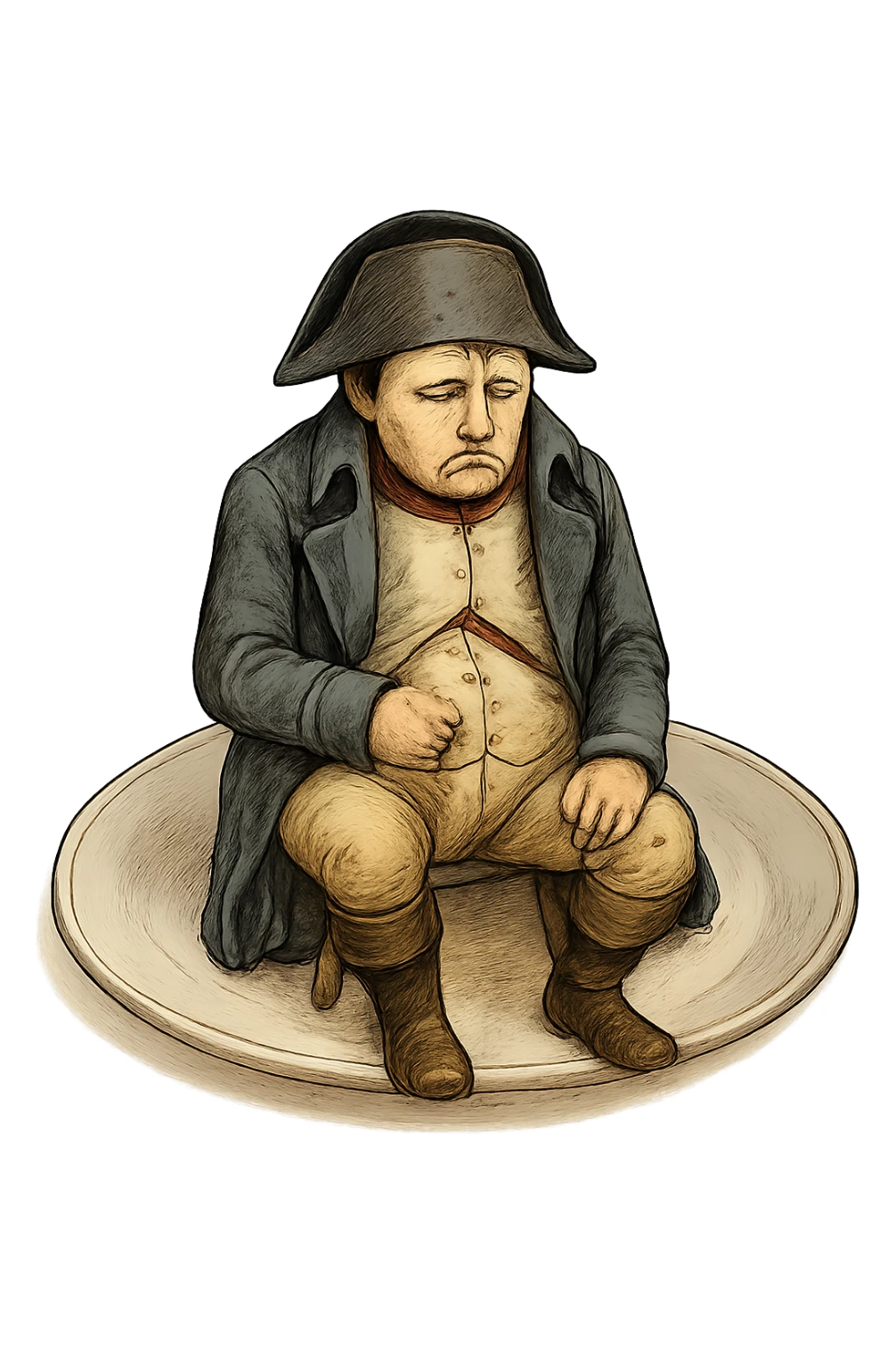 Сгенерируй мне такую же тарелку, только чтобы на ней сидел наполеон бонапарт, грустный, в чуть чуть рваной одежде. ТОРТ УБЕРИ ПОЛНОСТЬЮ. На прозрачной фоне. Наполеон должен быть цветной sticker