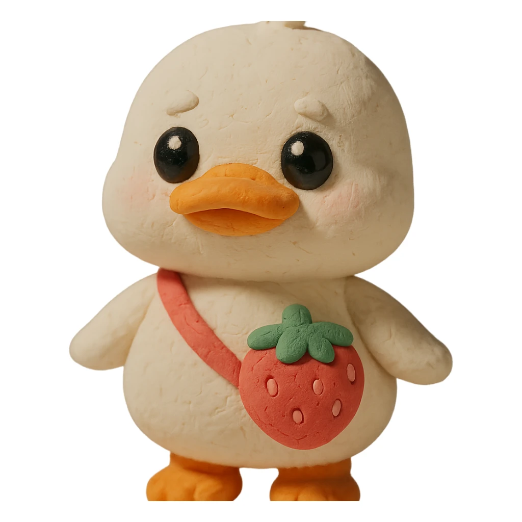 chibi white duck with a strawberry-shaped shoulder bag, pastel 3D clay style, big shiny eyes, soft lighting, kawaii aesthetic sticker