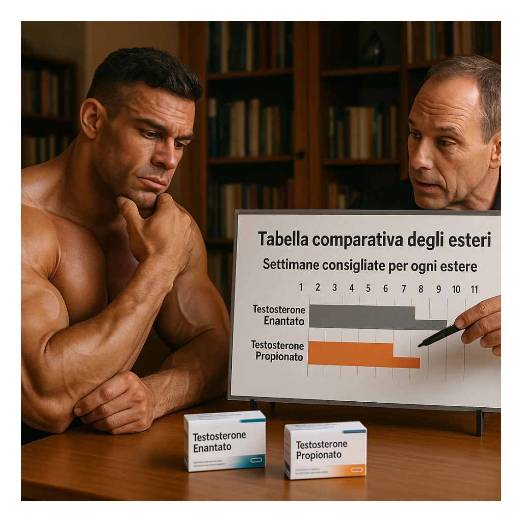realistic muscular bodybuilder with reflective expression, coach pointing at a comparative table of esters with Italian text 'Tabella comparativa degli esteri' and 'Settimane consigliate per ogni estere', testosterone boxes labeled 'Testosterone Enantato' and 'Testosterone Propionato' on table, explanation atmosphere, study room background, 4K quality sticker
