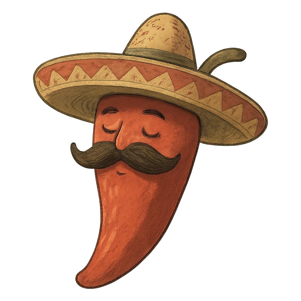 ghibli style red chile pepper with a sombrero and a Mexican moustache sticker