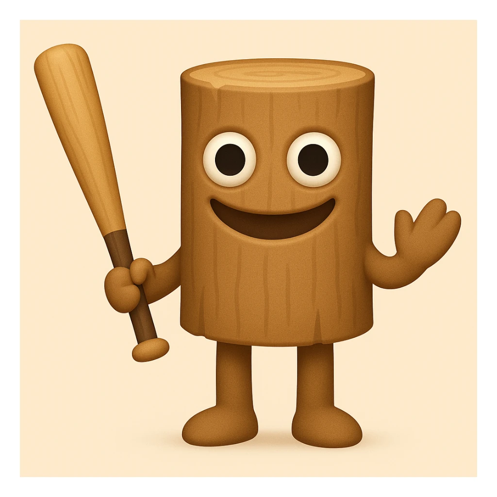 Make the character less human and more like a wooden stump, with a face that closely matches the reference image: large round eyes, wide unsettling smile, and minimal human features. Keep arms and legs, holding a baseball bat. Render in emoji style. sticker