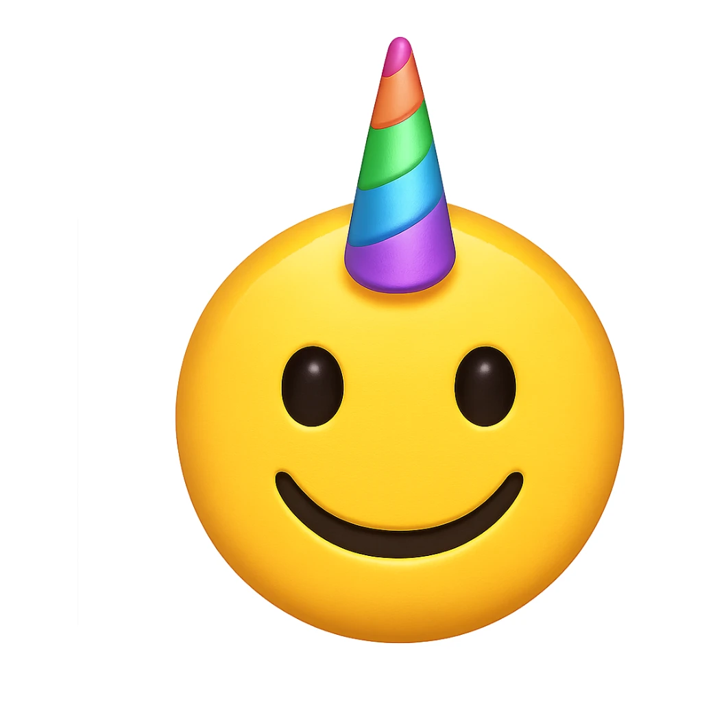 yellow face with rainbow unicorn horn, digital illustration, emoji style sticker