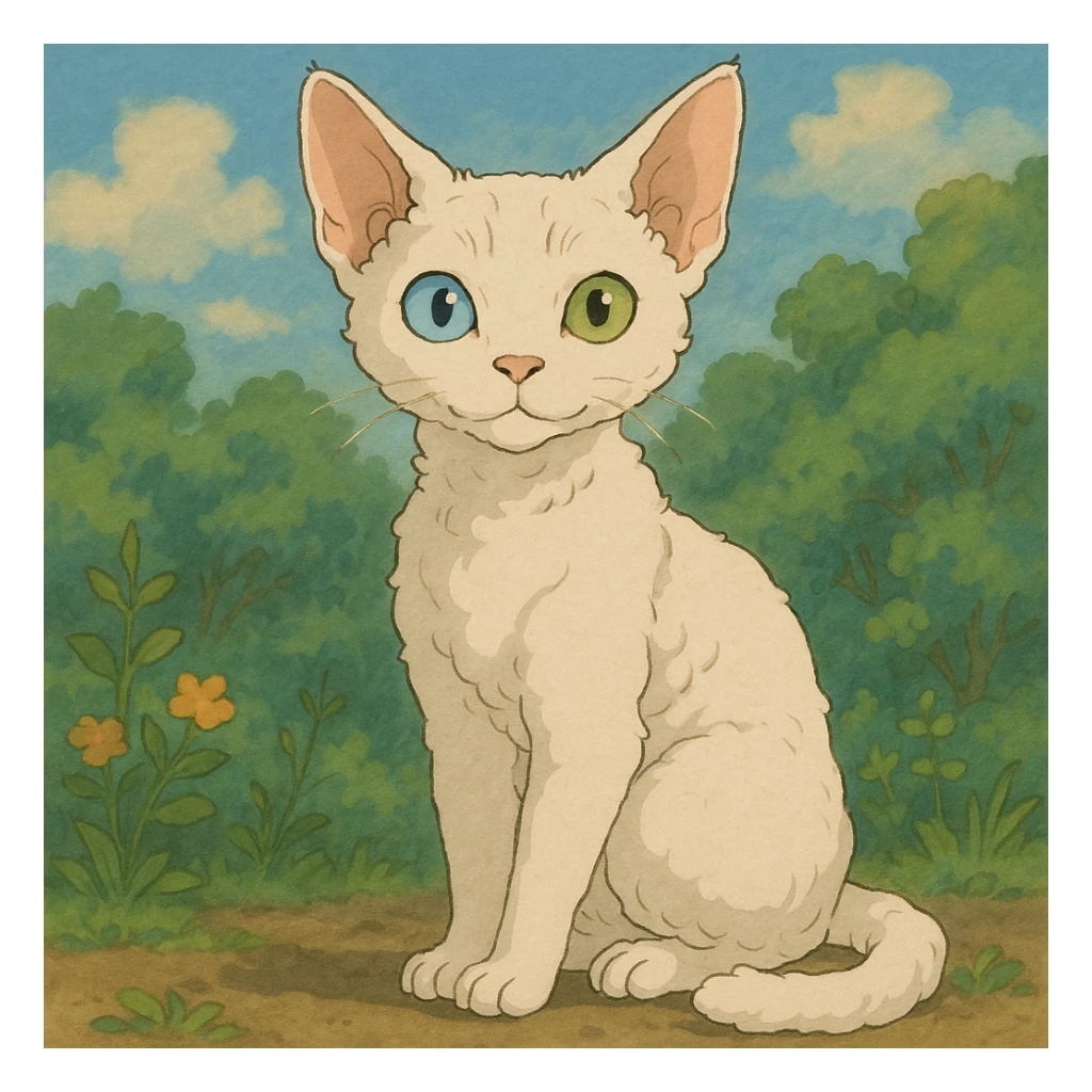 a white devon rex cat with one green and one blue eye each sticker