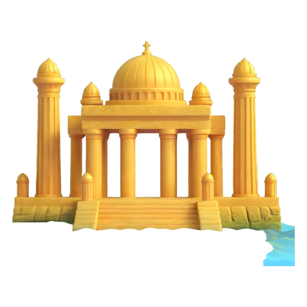 full view of ancient Anunnaki golden underwater temple complex, domes, pillars, faded gold, algae sticker