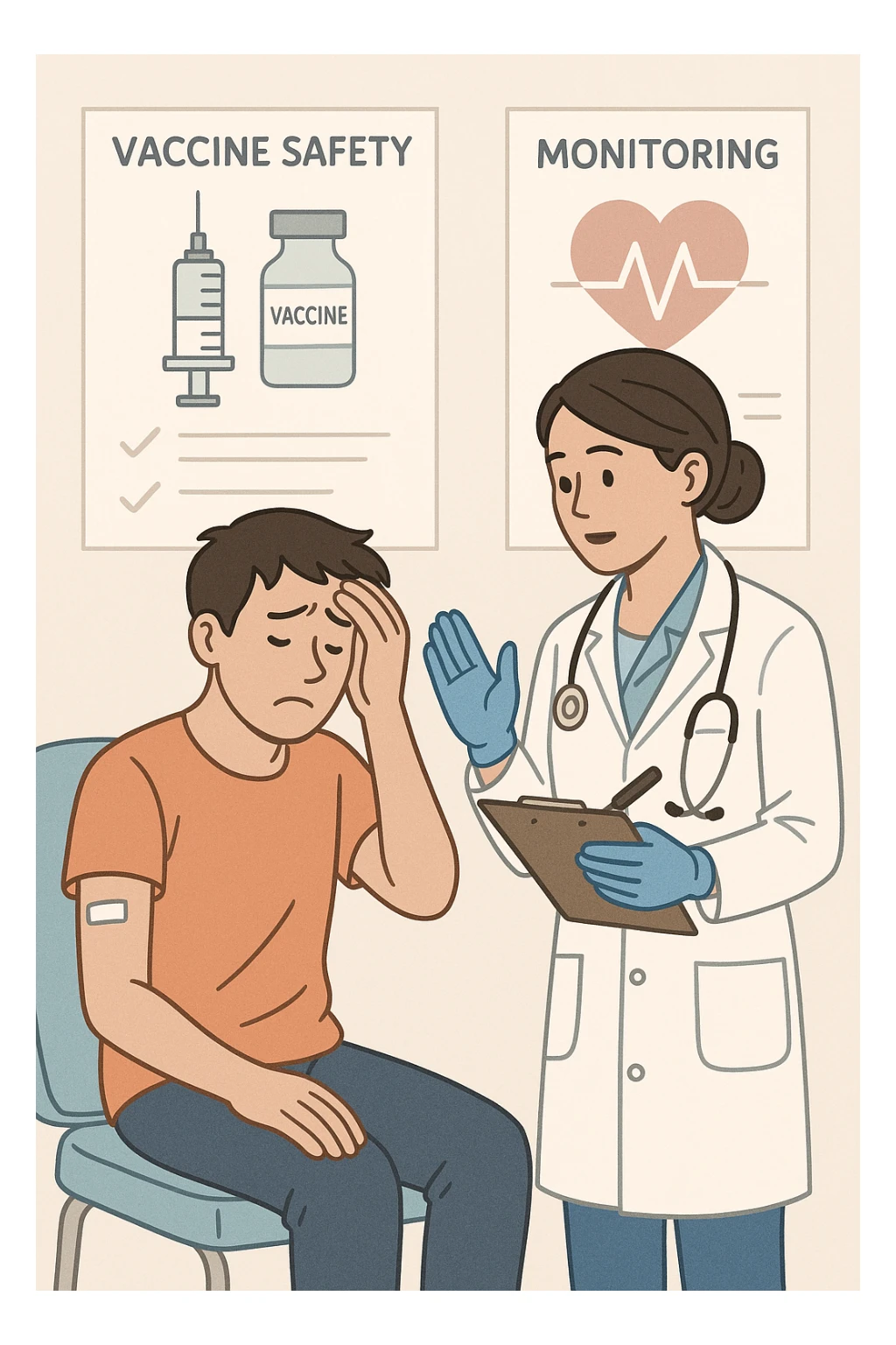 Vertical, educational medical illustration: a healthcare professional observes a patient who appears unwell after receiving a vaccine. The patient sits in a clinic chair, showing mild symptoms such as fatigue or headache, while the professional takes notes and offers reassurance. The background includes educational posters about vaccine safety and monitoring. sticker