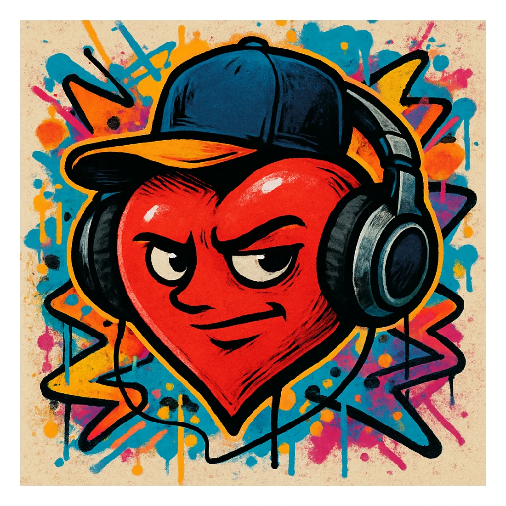 heart with headphones and baseball cap, rap style sticker